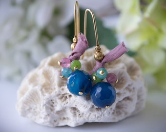 Bohemian gold blue earrings, Vintage14k gold earrings, Gemstone statement earrings, Boho blue drop earrings, Colorful beads long earrings