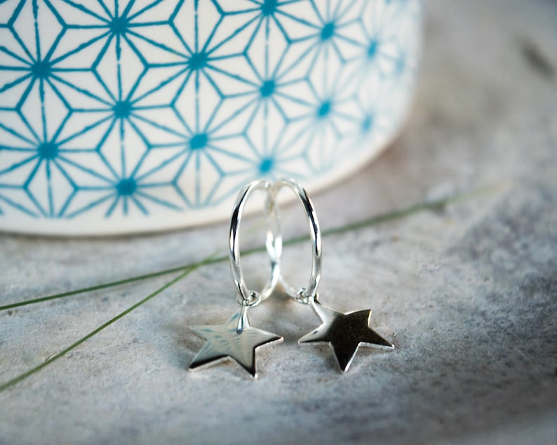 Sterling silver star earrings Huggie hoop earrings Edgy earrings Small hoop earrings with star Huggie earrings Charm hoop earrings