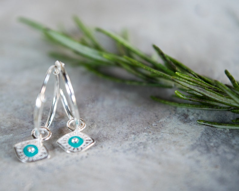 Evil Eye Huggie Charm Earrings - Silver