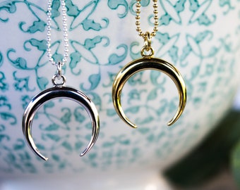 Gold Crescent Moon Necklace: Sterling Silver Horn Amulet