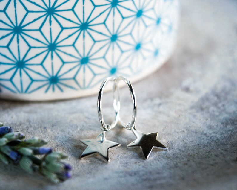 Sterling silver star earrings Huggie hoop earrings Edgy earrings Small hoop earrings with star Huggie earrings Charm hoop earrings