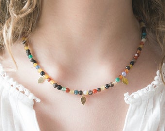 Colorful Agate Beaded Choker: Gold Filled Boho Necklace