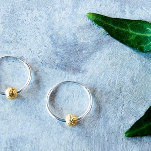 Silver hoop earrings with gold ball, Dainty mixed metal earrings, Sleeper earrings, Tiny bead 925 silver hoop earrings, Everyday earrings