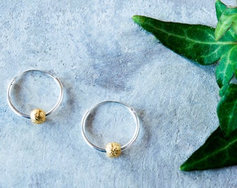 Sterling Silver Hoop Earrings with Gold-Filled Bead (15mm)