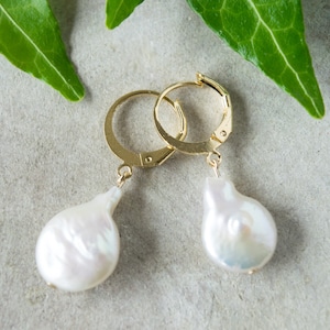Hoop earrings with dangle real pearl, Dainty bridal jewelry, Gold filled hoops with white baroque pearl, Elegant simple pearls earrings gift