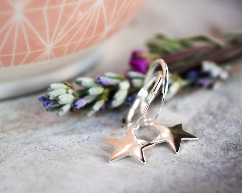 Sterling silver star earrings Huggie hoop earrings Edgy earrings Small hoop earrings with star Huggie earrings Charm hoop earrings