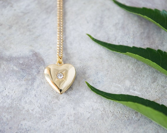 Gold Heart Locket Necklace: Dainty CZ Pendant, Photo Keepsake
