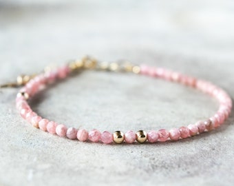 Dainty beaded bracelets for women, Gold rhodochrosite bracelet, Pink crystal bead bracelet, Anxiety bracelet, Healing jewelry, Chakra gift