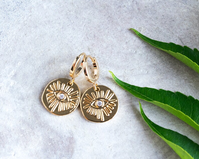 Gold evil eye earrings Small hoop earrings with charm Huggie Etsy