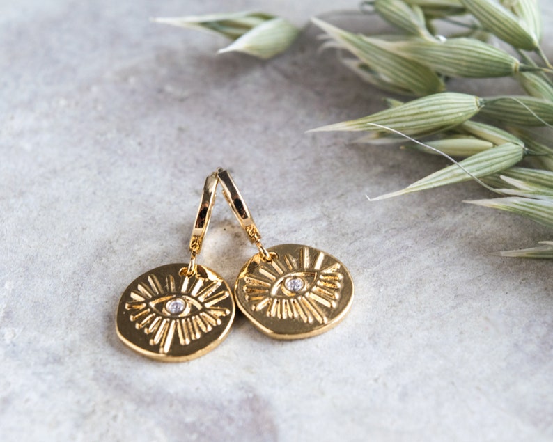 Gold evil eye earrings Small hoop earrings with charm Huggie Etsy