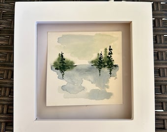 Trees and Lake Landscape - Mini Original Watercolor Painting - Framed, Tiny Art