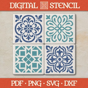 May include: Four square stencils with intricate blue and teal floral and geometric designs. The stencils are on a neutral background, with the words "DIGITAL STENCIL" at the top and file type options at the bottom.