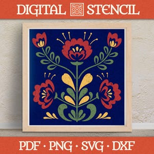 May include: A framed digital stencil print featuring a stylized floral design in red, yellow, and green against a dark blue background. The print is in a light wood frame. The words "DIGITAL STENCIL" are at the top, and "PDF • PNG • SVG • DXF" are at the bottom.