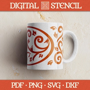 May include: White ceramic mug with a decorative orange floral design. The mug features a curved handle and the text "DIGITAL STENCIL" at the top, with "PDF • PNG • SVG • DXF" at the bottom. The design includes swirls and leaf shapes.