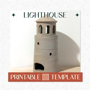 Puede incluir: Una escultura de faro de cerámica de color beige claro con un techo cónico, ventanas arqueadas en la parte superior, pequeñas aberturas circulares a lo largo del cuerpo y una gran abertura arqueada en la base. Incluye el texto LIGHTHOUSE y PRINTABLE TEMPLATE.