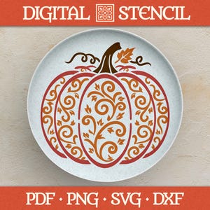 May include: A white plate featuring a pumpkin design with a decorative, swirling pattern in shades of orange and red. The pumpkin has a brown stem and is labeled "DIGITAL STENCIL" at the top and "PDF • PNG • SVG • DXF" at the bottom.