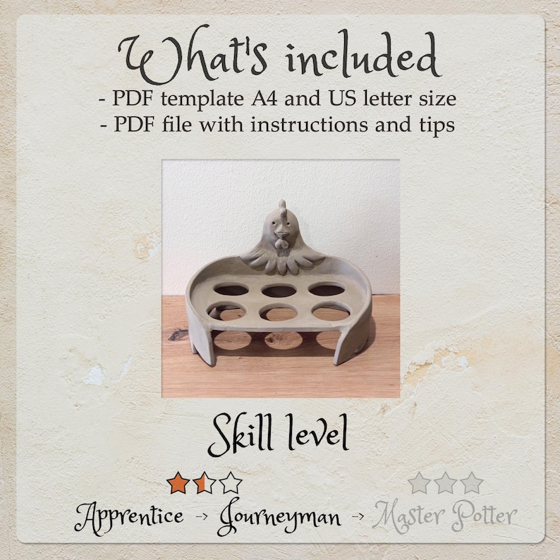 Op de afbeelding: Een lichtgrijze keramische eierhouder met een gebeeldhouwde kippenfiguur aan de achterkant en zes ronde openingen voor eieren. De tekst luidt: What's included, PDF template A4 and US letter size, PDF file with instructions and tips, Skill level, Apprentice, Journeyman, Master Potter.