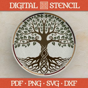 May include: A circular digital stencil design featuring a stylized tree with intertwined trunk and roots. The tree has green leaves and is framed by a border with brown and burgundy accents. The text "DIGITAL STENCIL" is at the top.
