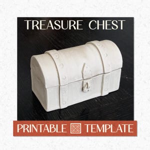 May include: A white treasure chest with a rounded lid, vertical strap detailing, and a central latch mechanism. The text TREASURE CHEST appears at the top, and the text PRINTABLE TEMPLATE appears at the bottom with a small square floral icon.