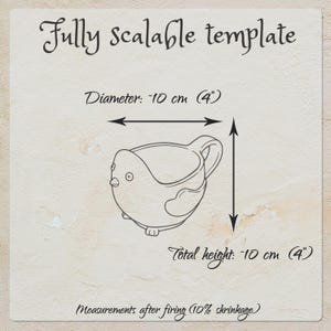 May include: A black and white line drawing of a bird-shaped mug labeled Fully scalable template. The diagram indicates a diameter of 4 inches and a total height of 4 inches, with a note stating measurements after firing include 10% shrinkage.