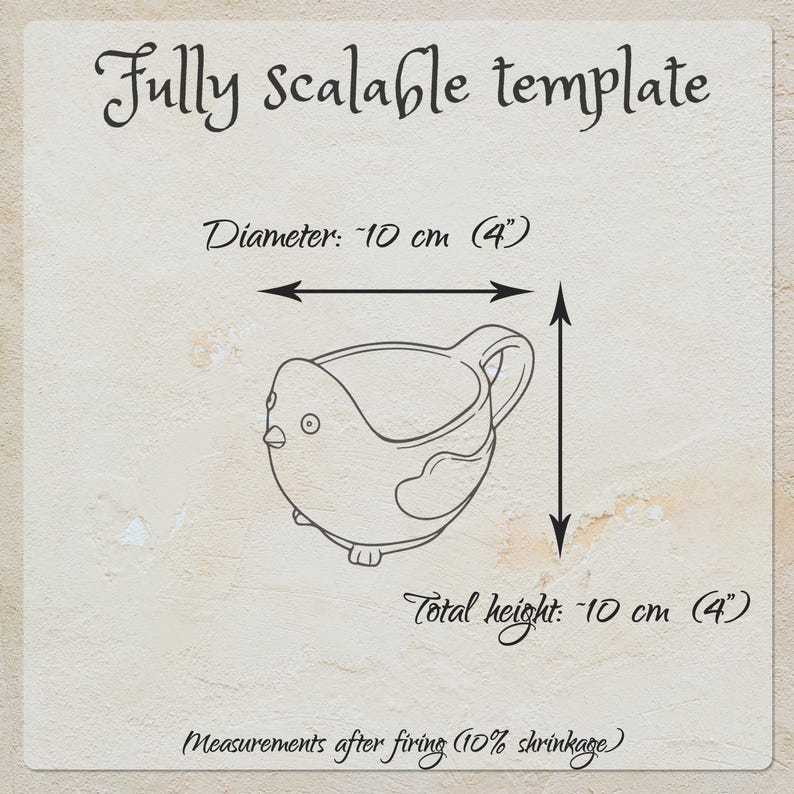 May include: A black and white line drawing of a bird-shaped mug labeled Fully scalable template. The diagram indicates a diameter of 4 inches and a total height of 4 inches, with a note stating measurements after firing include 10% shrinkage.