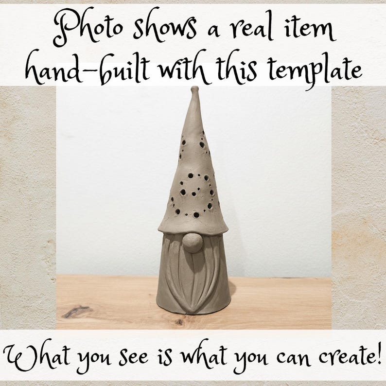 K&ouml;nnte beinhalten: Eine graue Ton-Gnom-Figur mit einer hohen spitzen M&uuml;tze mit kreisf&ouml;rmigen Ausschnitten, einer runden Nase und einem strukturierten Bart. Der Text lautet: Photo shows a real item hand-built with this template. What you see is what you can create!