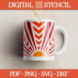May include: White ceramic mug with a vibrant orange and red geometric sunburst design. The mug features the text "DIGITAL STENCIL" at the top and "PDF • PNG • SVG • DXF" at the bottom. The mug has a white handle.