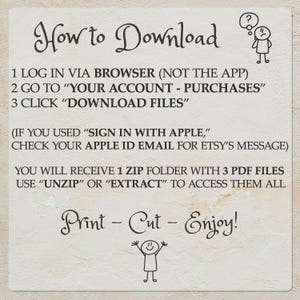 Op de afbeelding: Een instructiebord met de titel How to Download met zwarte tekst op een lichte achtergrond. Het bevat drie stappen voor toegang tot digitale bestanden, opmerkingen voor Apple ID-gebruikers, een zip-map met drie PDF-bestanden en eindigt met Print - Cut - Enjoy!