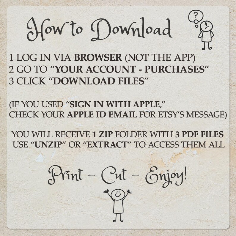 Op de afbeelding: Een instructiebord met de titel How to Download met zwarte tekst op een lichte achtergrond. Het bevat drie stappen voor toegang tot digitale bestanden, opmerkingen voor Apple ID-gebruikers, een zip-map met drie PDF-bestanden en eindigt met Print - Cut - Enjoy!