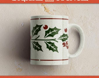 Plantilla para taza con diseño de corona de acebo - Plantilla de cerámica dibujada a mano para bajo vidriado y textura