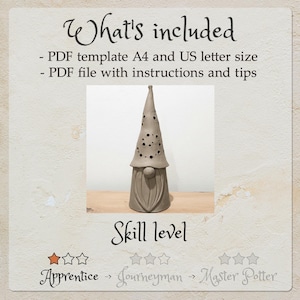 K&ouml;nnte beinhalten: Eine digitale Bastelvorlage mit einer hohen, konischen Gnomen-Skulptur mit spitzem Hut und langem Bart. Der Text lautet: What's included, PDF template A4 and US letter size, PDF file with instructions and tips, Skill level, und Apprentice.