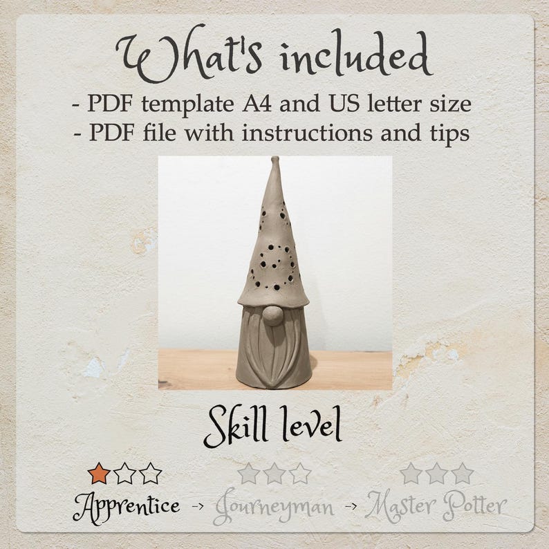 K&ouml;nnte beinhalten: Eine digitale Bastelvorlage mit einer hohen, konischen Gnomen-Skulptur mit spitzem Hut und langem Bart. Der Text lautet: What's included, PDF template A4 and US letter size, PDF file with instructions and tips, Skill level, und Apprentice.