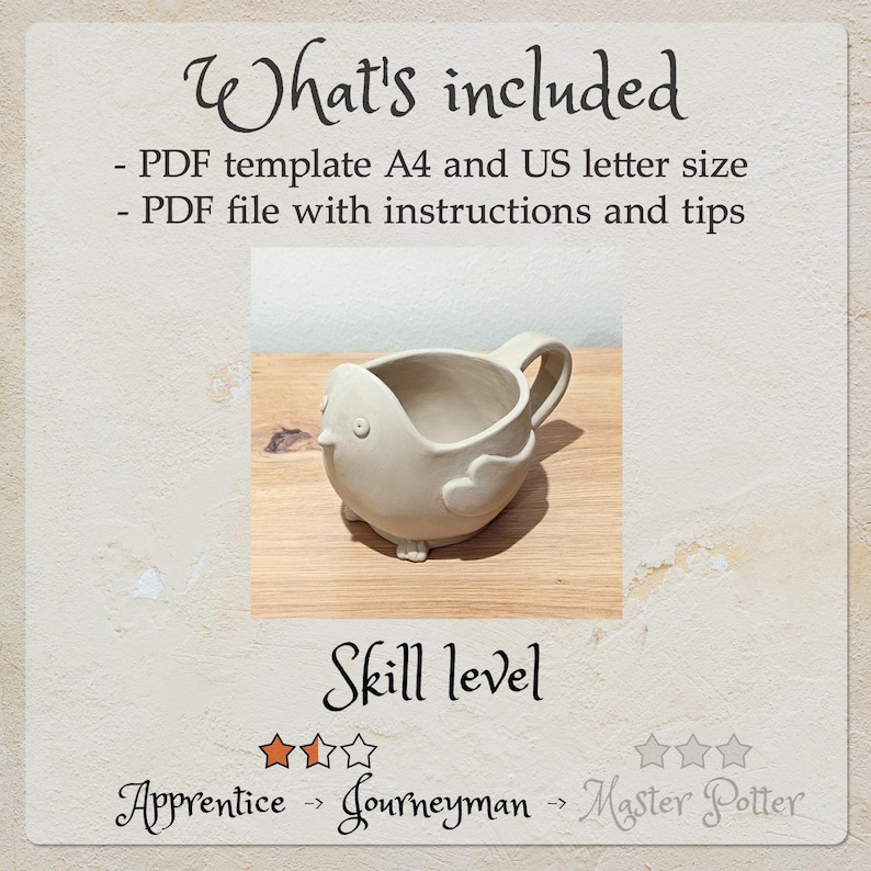 May include: A digital product listing featuring a light-colored ceramic bird-shaped mug. Text includes: What's included, PDF template A4 and US letter size, PDF file with instructions and tips, Skill level, Apprentice, Journeyman, and Master Potter.