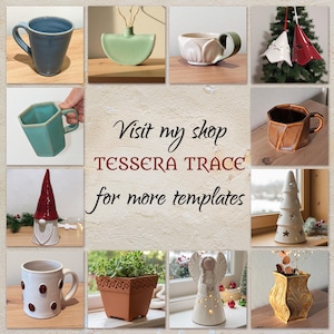 Op de afbeelding: Een collage van keramische voorwerpen, waaronder mokken, vazen, een kabouter, een kerstboom, een plantenbak en een engelfiguur. De centrale tekst luidt: Visit my shop TESSERA TRACE for more templates. De collectie bevat diverse vormen, kleuren en texturen.