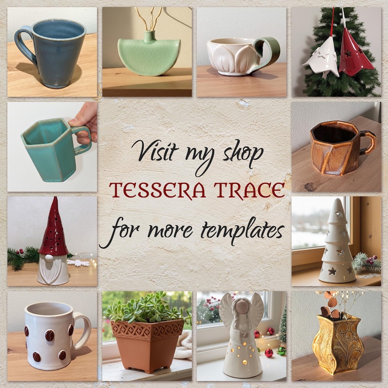 Op de afbeelding: Een collage van keramische voorwerpen, waaronder mokken, vazen, een kabouter, een kerstboom, een plantenbak en een engelfiguur. De centrale tekst luidt: Visit my shop TESSERA TRACE for more templates. De collectie bevat diverse vormen, kleuren en texturen.