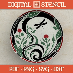 May include: Circular digital stencil design with a dragonfly, thistles, and stylized leaves in black, green, and red. The text "DIGITAL STENCIL" is at the top, with file type options at the bottom.