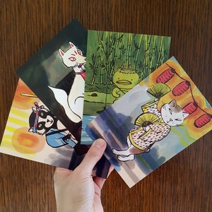 Cartes postales dessins originaux japonais, esprits Yôkai chat, renard, kappa et tanuki