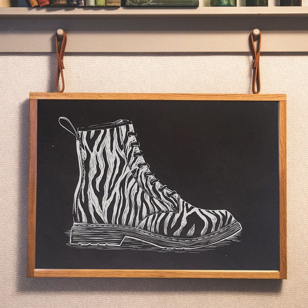 linogravure imprimée main de la célèbre chaussure rock Doc martens