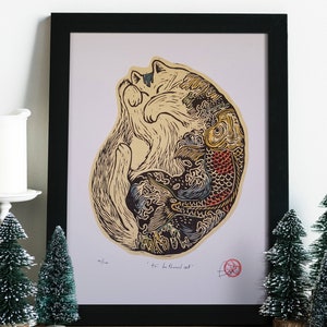 Linosnede afgedrukte hand van getatoeëerde kat Karper tatoeage Aquarel