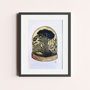 Linocut World under a bell Home sweet Home Dreaming of your caring place and well-being