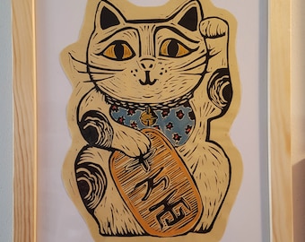 Linocut of Japanese lucky cat maneki neko original hand printed