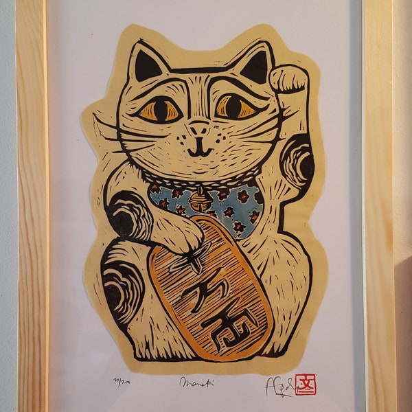 Linogravure de chat porte-bonheur japonais maneki neko original imprimé main