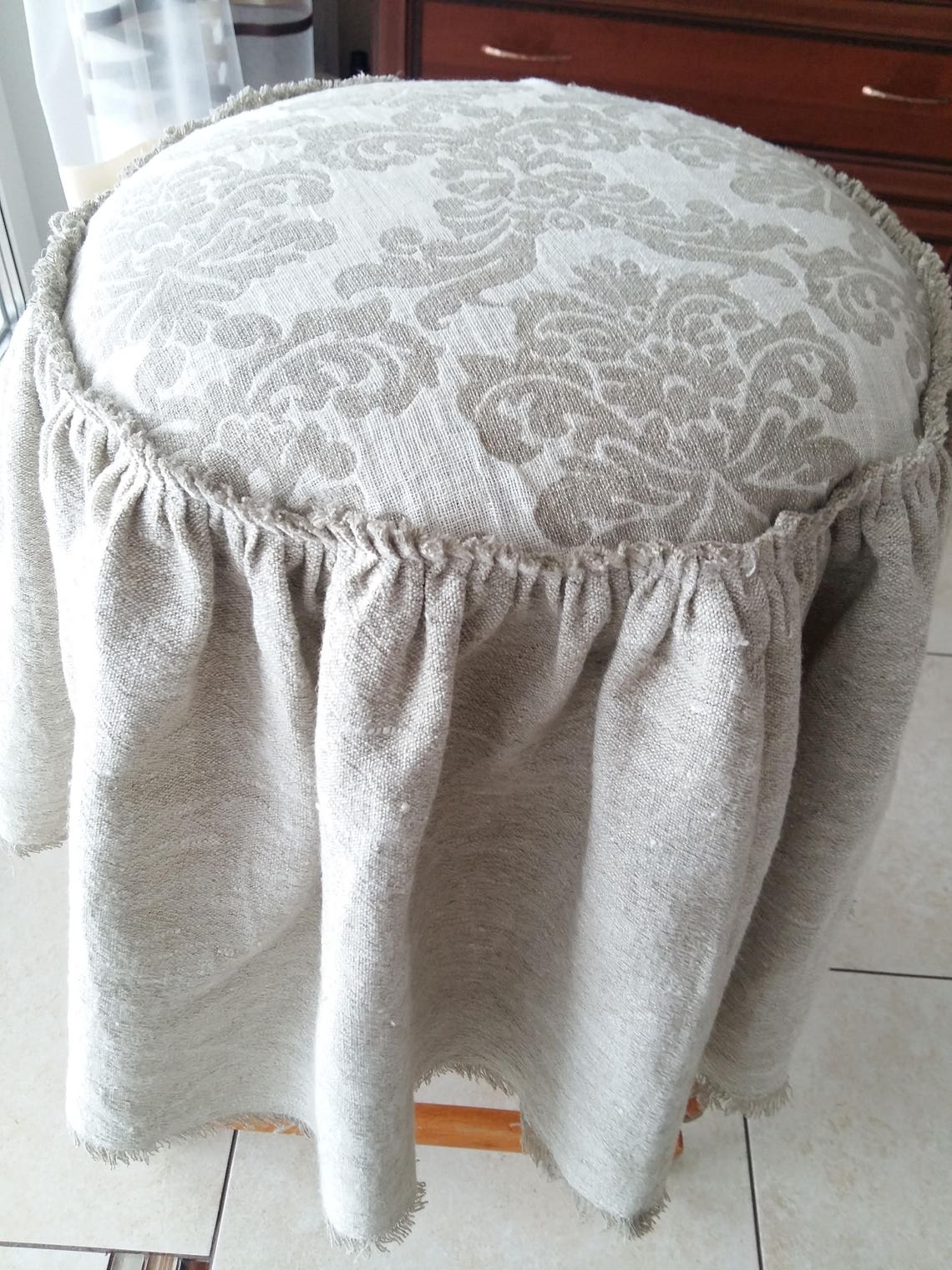 Linen ruffled ottoman cover. Burlap farmhouse slipcover. Etsy