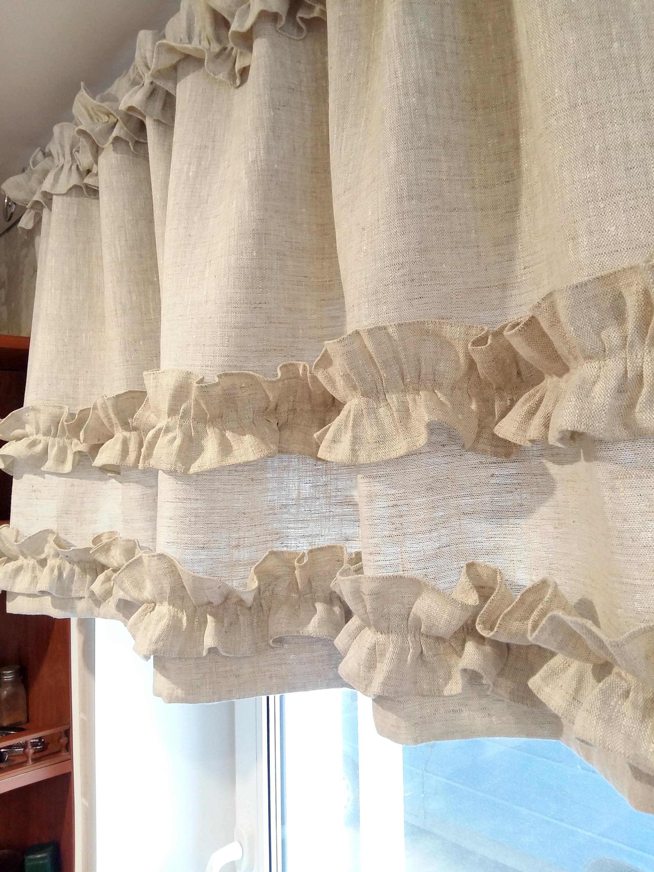 Farmhouse linen ruffled curtains. Beige kitchen drapes. Etsy