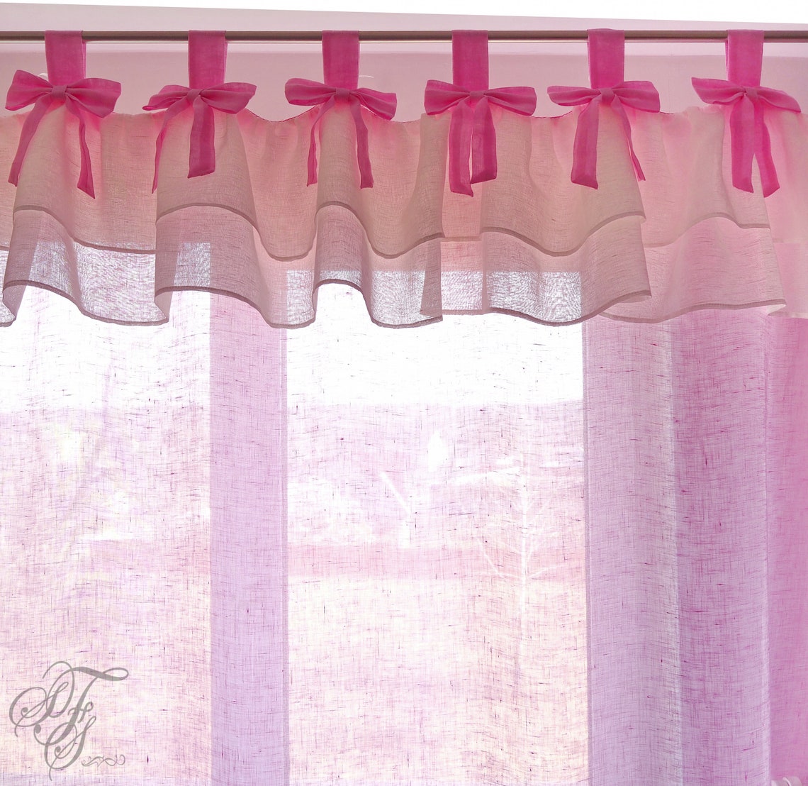 Baby Pink curtain with bows and double ruffles. Tab Top Linen Etsy