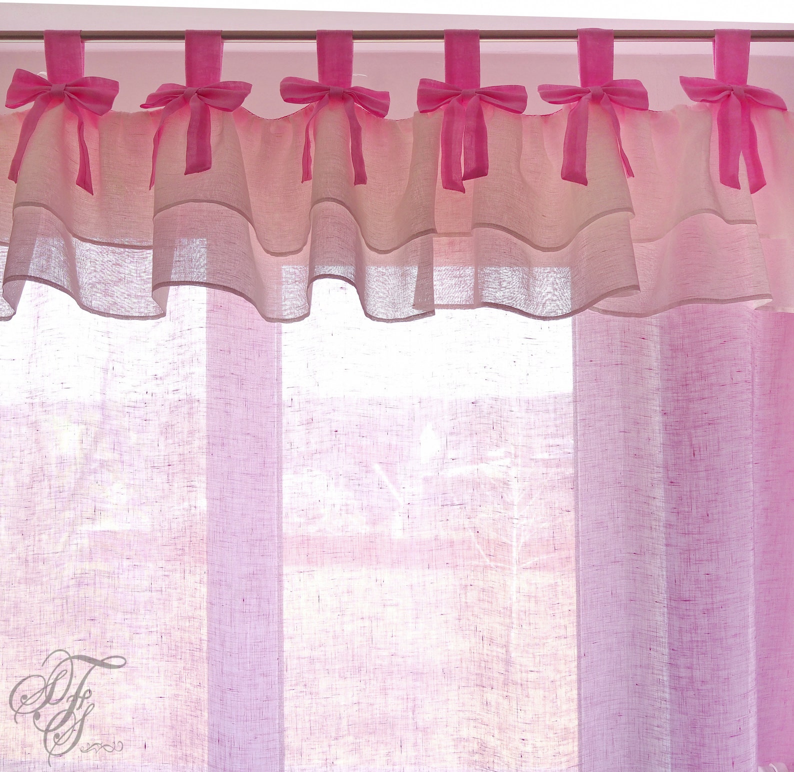 Baby Pink curtain with bows and double ruffles. Tab Top Linen Etsy