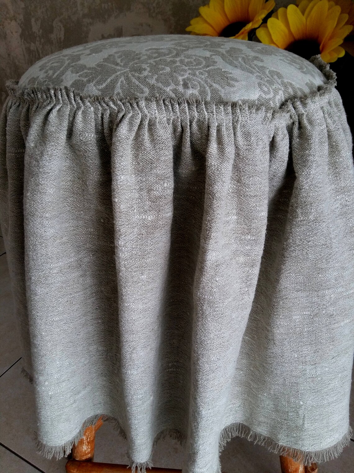 Linen ruffled ottoman cover. Burlap farmhouse slipcover. Etsy