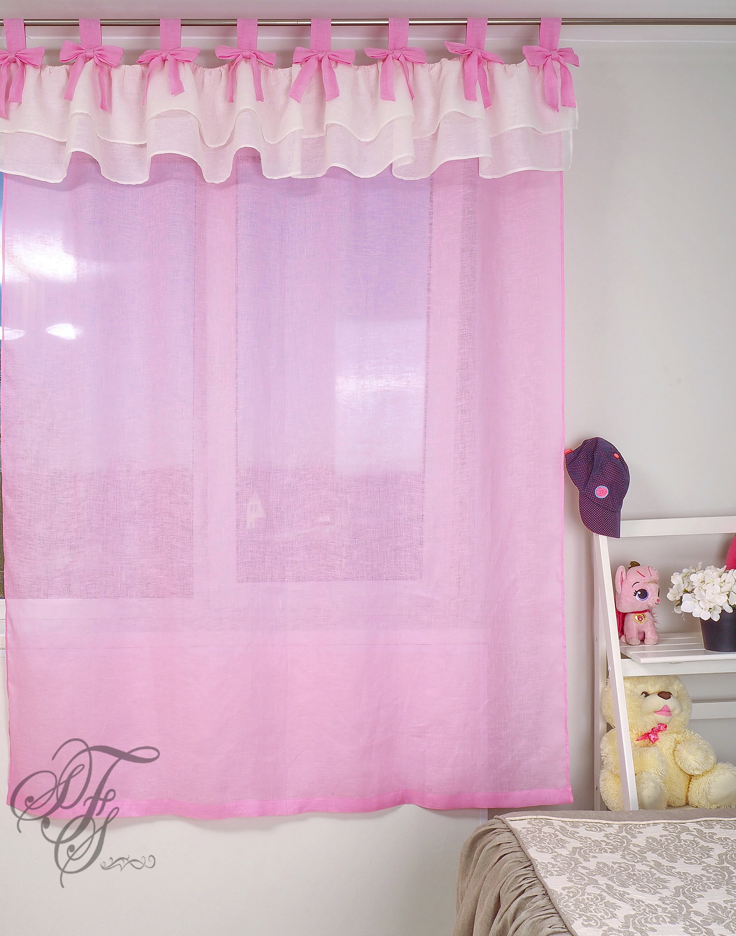Baby Pink curtain with bows and double ruffles. Tab Top Linen Etsy