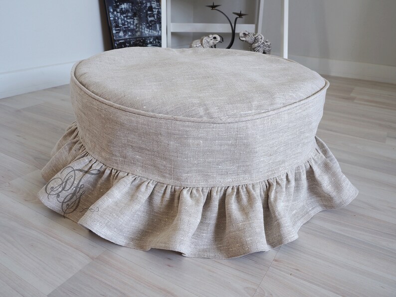 Blue navy Round Slipcover.Linen ruffled Ottoman slip Etsy