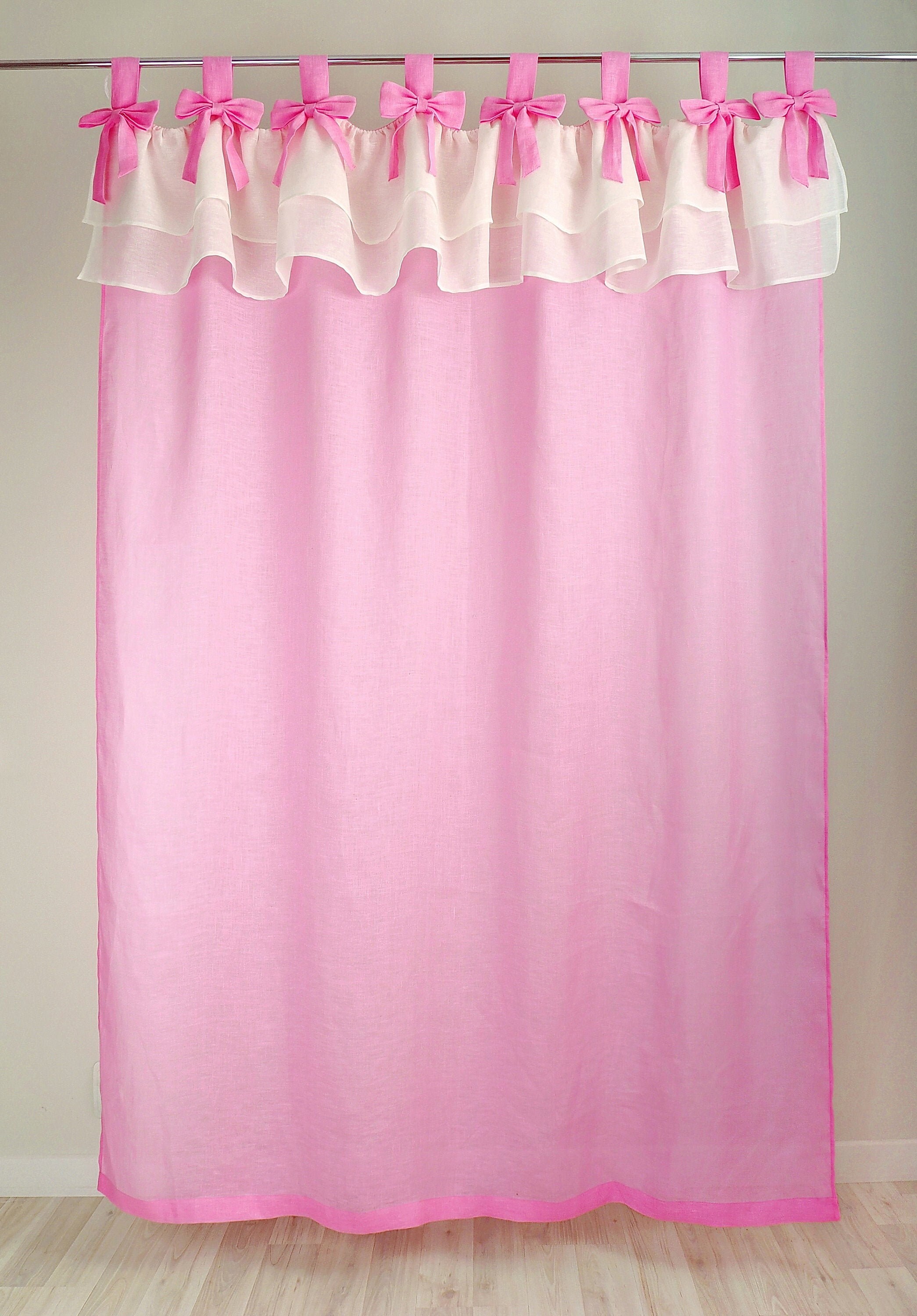 Baby Pink curtain with bows and double ruffles. Tab Top Linen Etsy